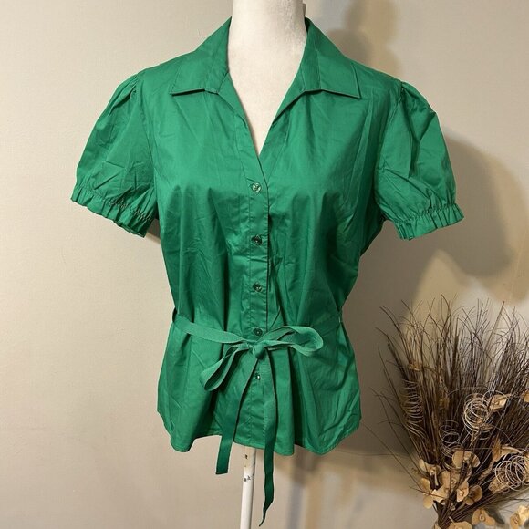 NWT George Women Green Short Puff Sleeve Button Up Shirt Top Collar V-neck XXL - Picture 1 of 6